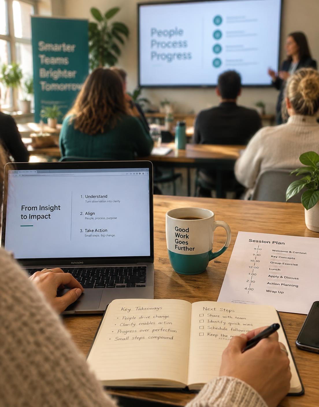 A working session in progress with notes, a session plan, and a laptop on the table