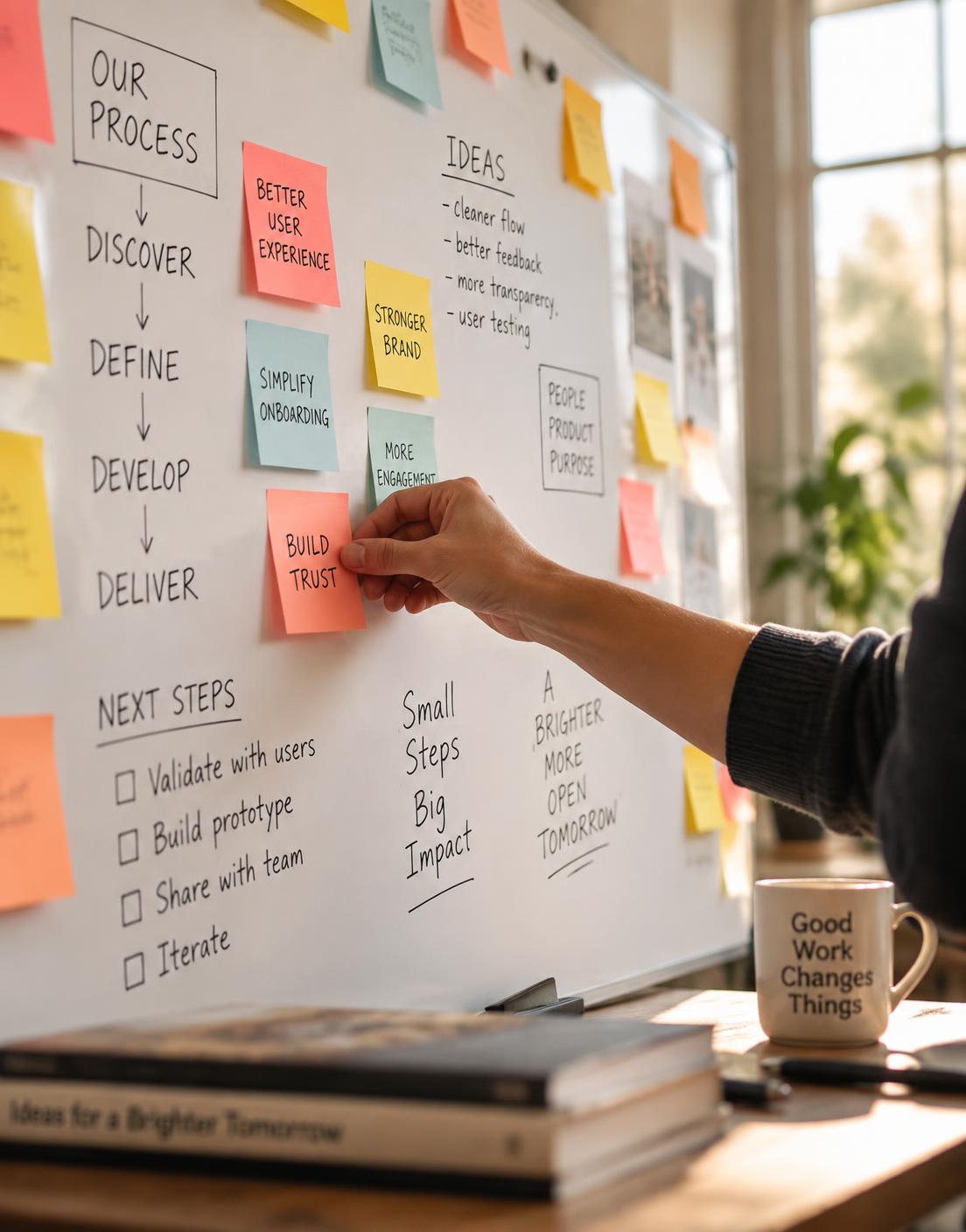 A whiteboard covered in sticky notes during a working session